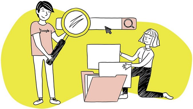 GMF Illustration Structured Data und SEO: Mann mit hält Lupe auf Frau die einen ordentlich sortierten (Computer-)Ordner präsentiert