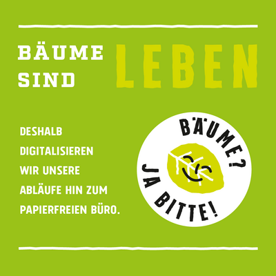 Grünes Icon "Bäume sind Leben" mit lächelndem Blatt