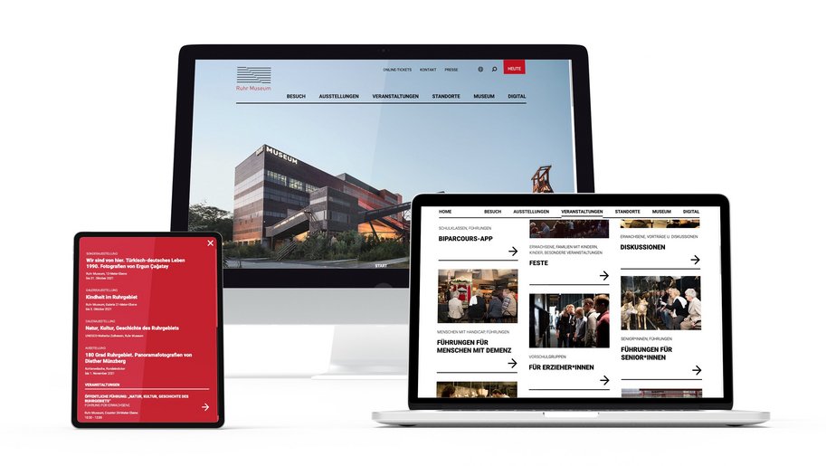 Webseite des Ruhrmuseums auf Desktop, Tablet und Laptop.